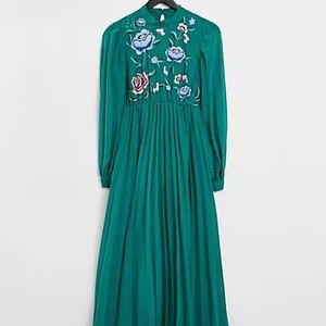 High Neck Pleated Long Sleeve Embroidered Midi